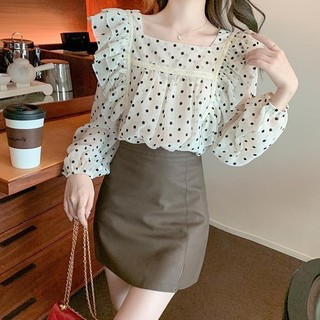 Áo chiffon Cổ Vuông Họa Tiết Chấm Bi Phối Bèo Thời Trang Hàn Quốc Cho Nữ