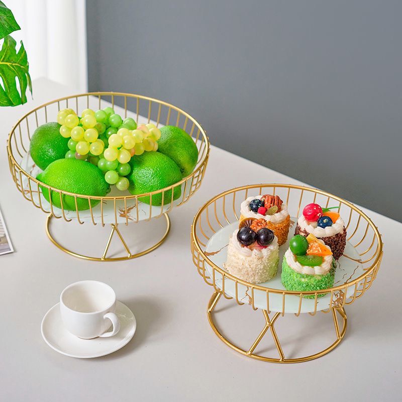 Khay Đựng Trái Cây Để Bàn Khung Sắt Mạ Vàng – Mặt Kính Vân Đá Cẩm Thạch Decor Bàn Bếp, Phòng Khách