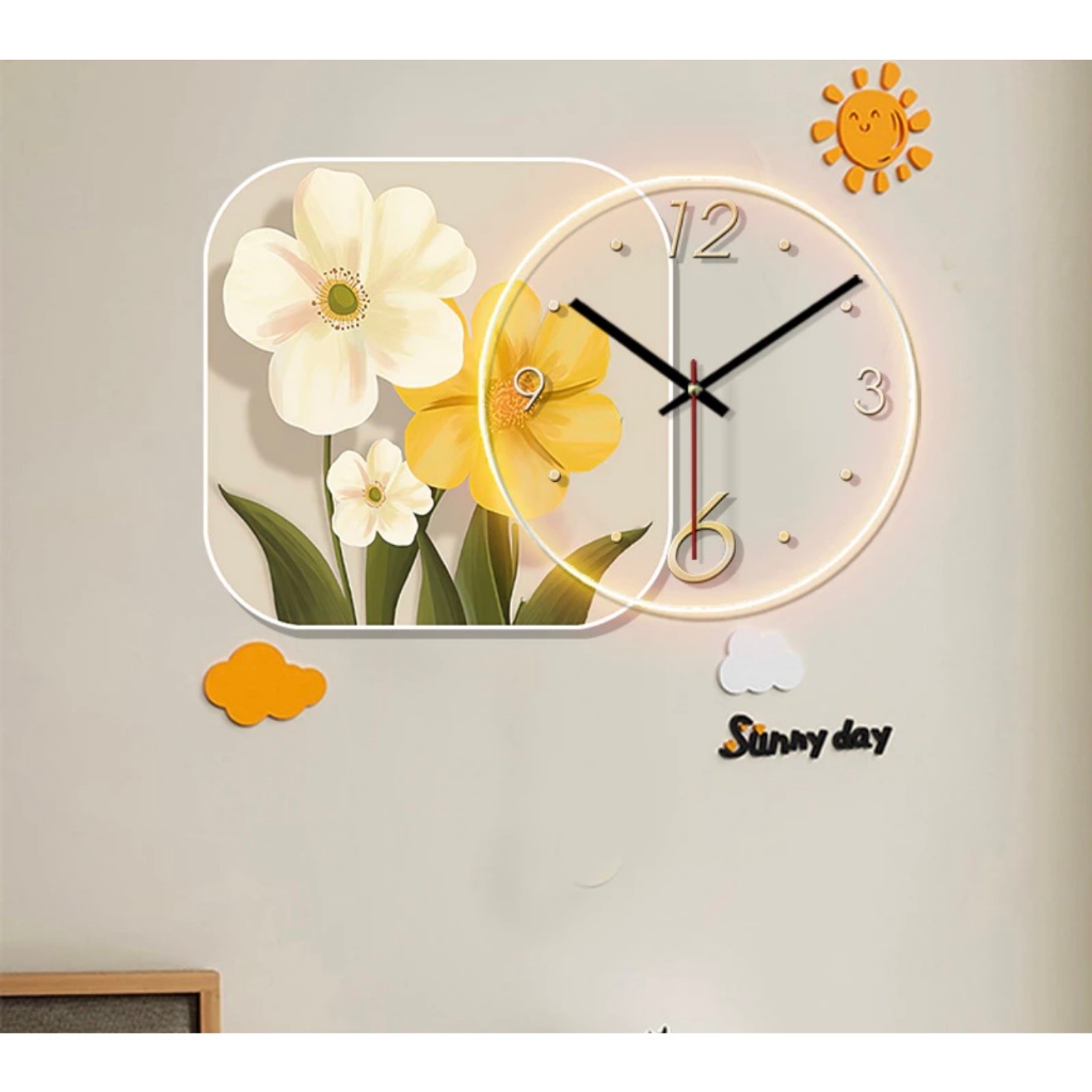 Tranh Đồng Hồ 3D LED Hoa Tulips Treo Phòng Khách, Phòng Phủ, Quán cafe, Nhà Trẻ, Quà Tặng Người Thân