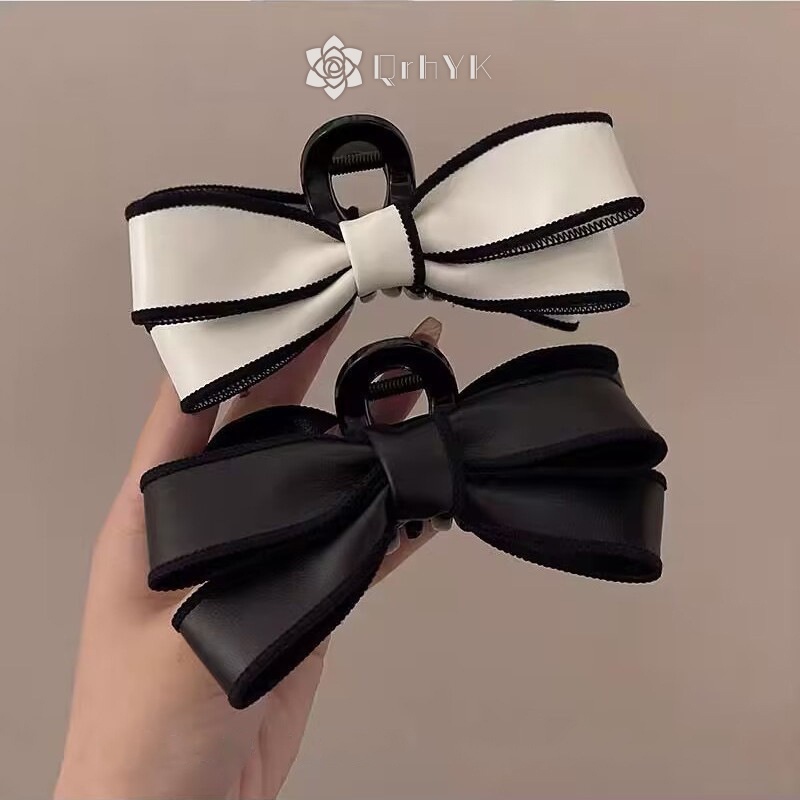 Qr Kẹp Tóc Đuôi Ngựa Bằng Da Kẻ Sọc Trắng Đen Phong Cách Pháp Đơn Giản Cho Nữ Mới