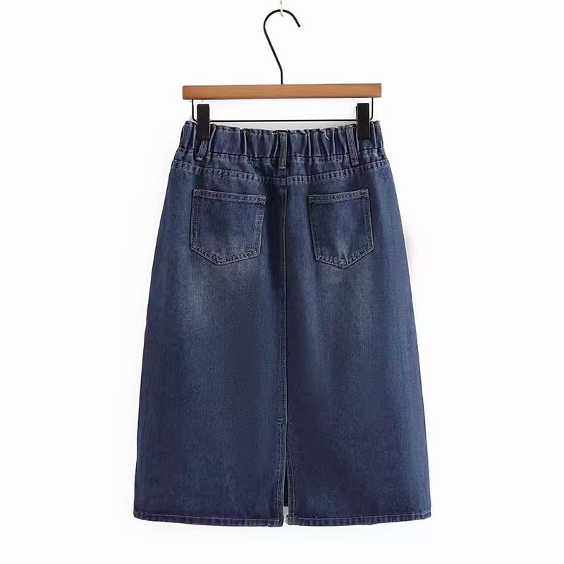Váy Denim Quá Khổ Nữ Mới Giảm Béo Chữ A Co Giãn Eo Giữa Chiều Dài Nối Chia