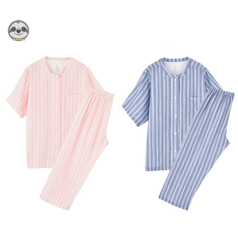 Bộ Đồ Ngủ Cotton Mỏng Mềm Mại / Tay Ngắn Hai Lớp / Kẻ Sọc Không Đường May Phong Cách Muji Nhật Bản Cho Nữ