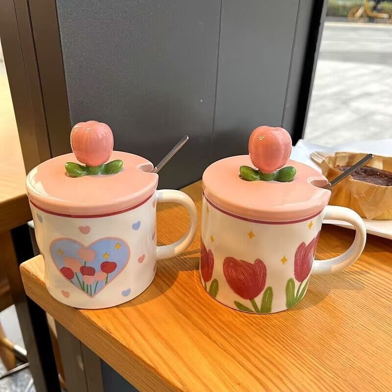 Ly Sứ Cà Phê Văn Phòng Hình Bông Hoa Tulip - Cốc Uống Nước Gốm Sứ Có Muỗng Nắp Xinh Xắn
