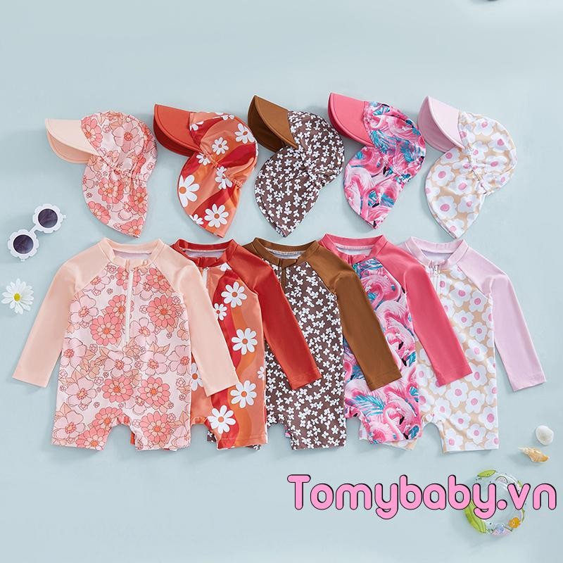 Bộ đồ bơi dài tay cho bé gái Bộ đồ tắm chống đóng cọc in hoa / Flamingo + Sunhat