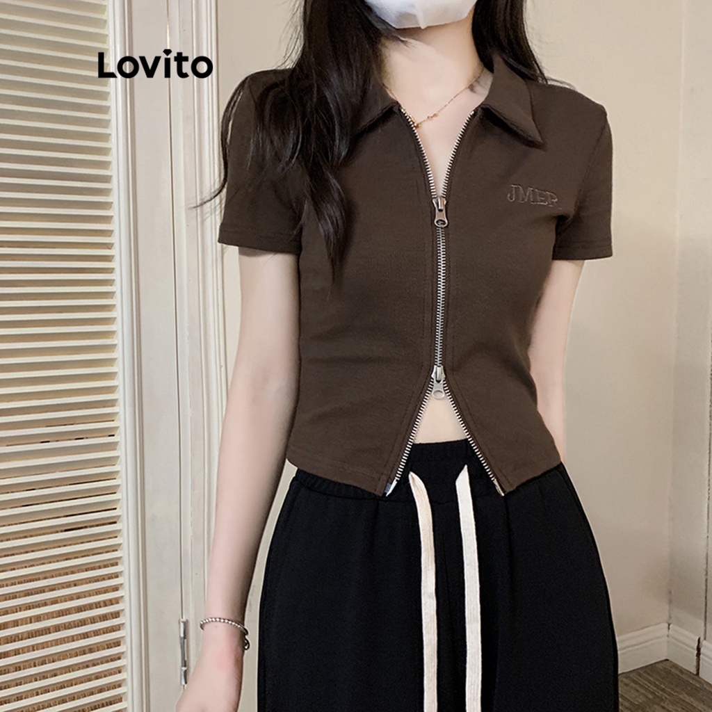 Áo thun Lovito phối dây kéo thêu họa tiết thường ngày cho nữ LNA09190 màu cà phê