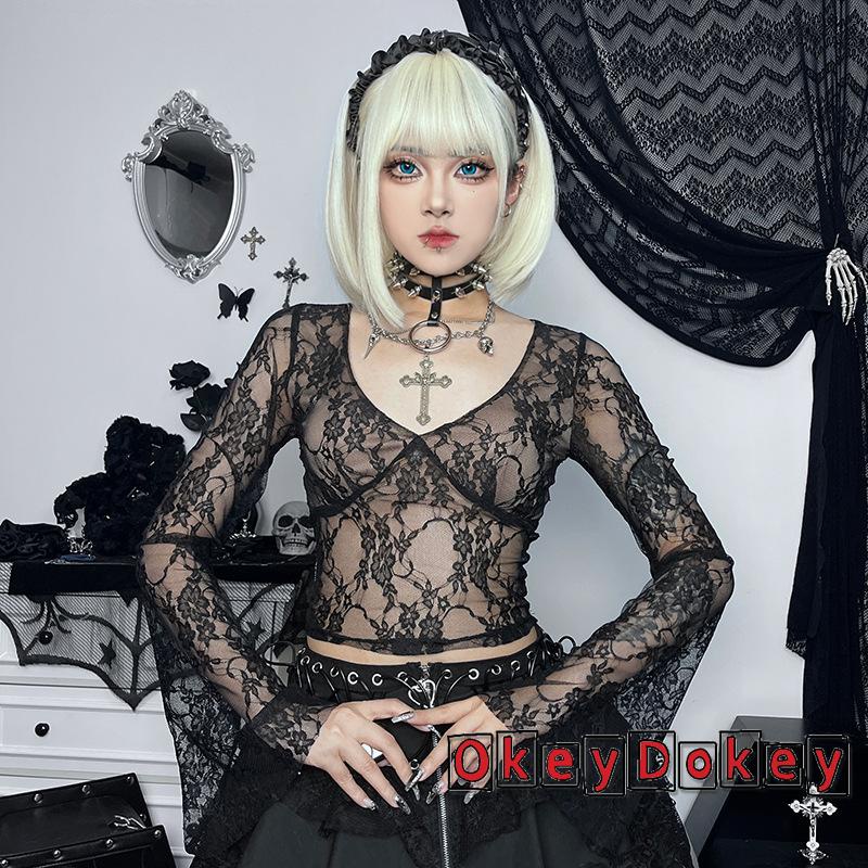 Áo Crop Top Ren Xuyên Thấu Cổ V Dài Tay Thời Trang Đường Phố Cá Tính Dành Cho Nữ Odokey