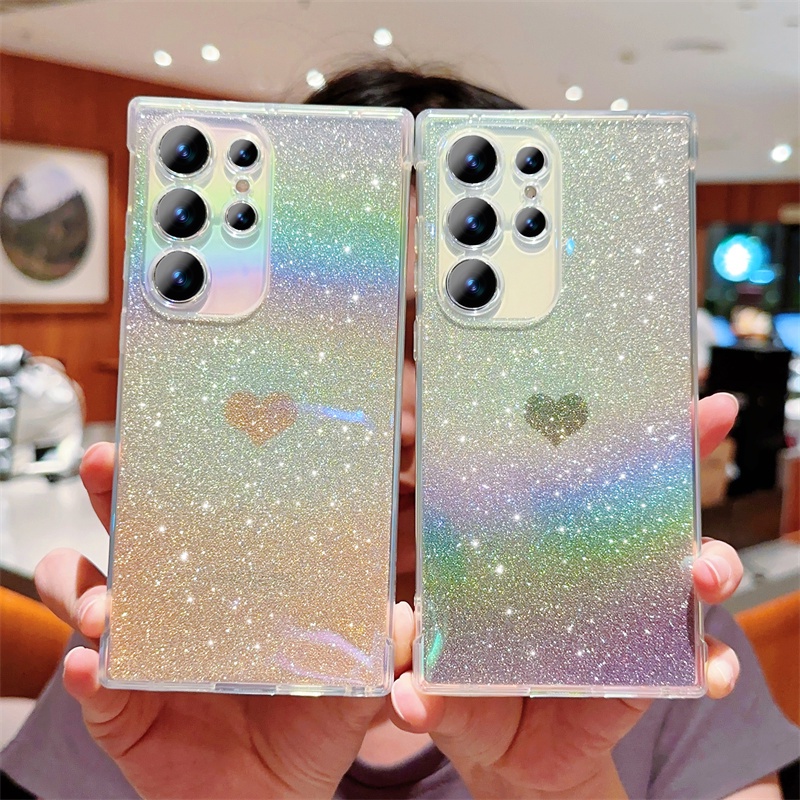 Ốp điện thoại trong suốt hình trái tim tình yêu sang trọng lấp lánh cho Samsung Galaxy S24 S23 UItra S22 Plus S23 S21 S20 FE Vỏ chống sốc