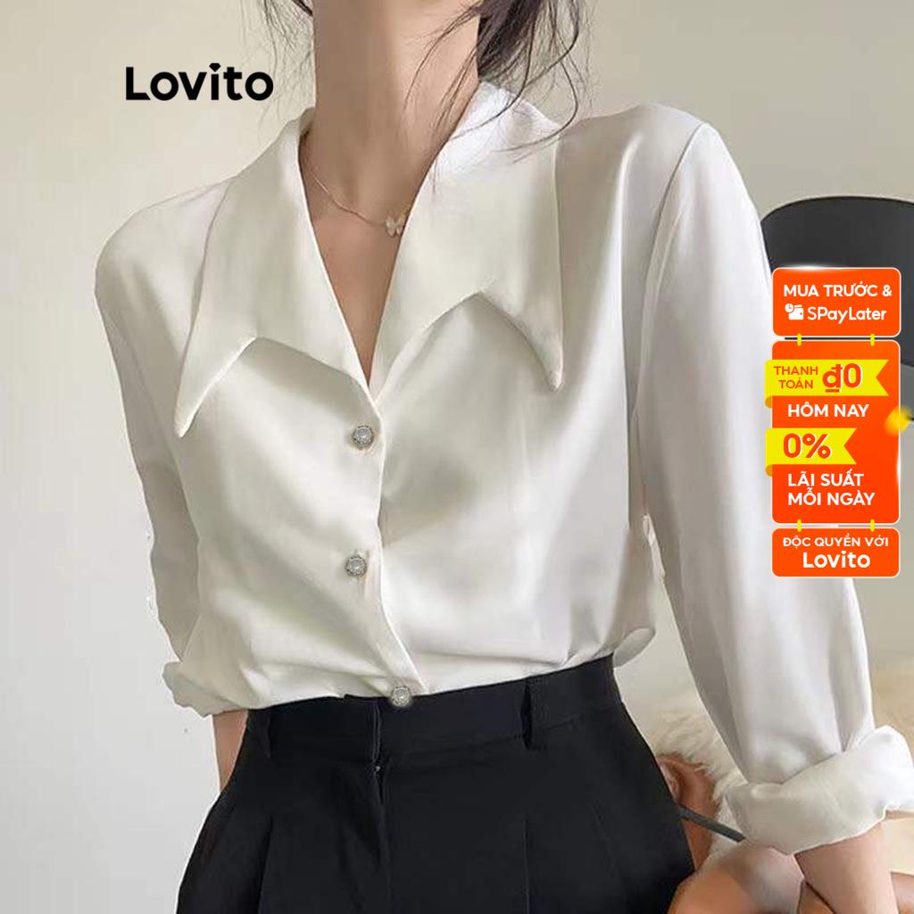 Áo kiểu Lovito phối nút màu trơn thường ngày cho nữ LNA10163 Màu trắng