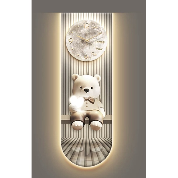Tranh Đồng Hồ 3D LED Gấu Dễ Thương Trang Trí Nhà Tráng Gương Cao Cấp - OHA DECOR