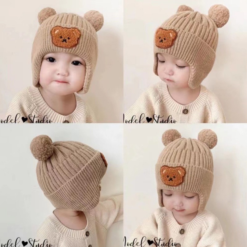 Mũ beanie Dệt Kim Màu Trơn Giữ Ấm Tai Gấu Hoạt Hình Dễ Thương Phong Cách Hàn Quốc Cho Bé Trai / Bé Gái