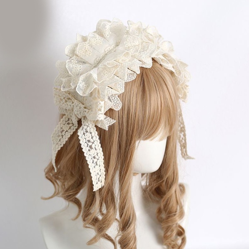 Vic Pháp Bowtie Hairband Ruffle Ren Headband Lolitas Hairbow Trang phục Mũ đội đầu