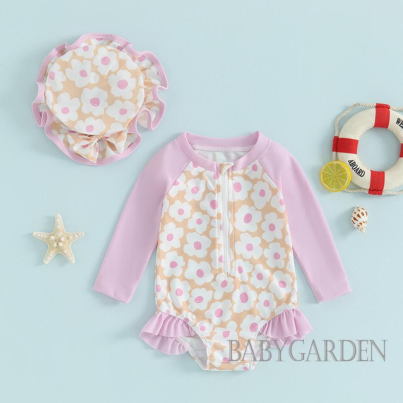 Bộ Đồ Bơi Liền Thân Tay Dài Phối Bèo In Họa Tiết Hoa Xinh Xắn Cho Bé Gái 6 Tháng-3 Tuổi
