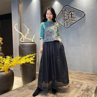 Giao hàng nhanh   Vải Lanh Cotton Công Nghiệp Nặng Thêu Phong Cách Trung Hoa Hàng Đầu Nữ Rời Cổ Quần Áo Đứng Lên Cổ Khóa Văn Học Retro Ba-Qu 111