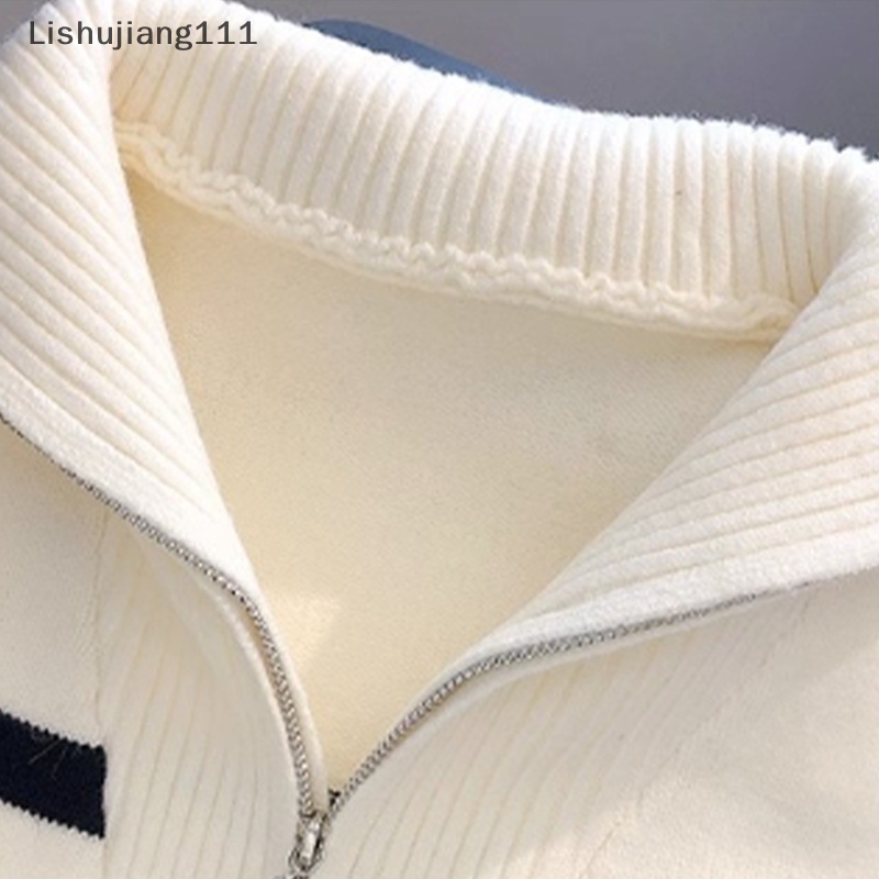 Áo Sweater Dệt Kim Tay Dài Dáng Rộng Kẻ Sọc Phối Khóa Kéo Thời Trang Thu Đông Cho Nữ