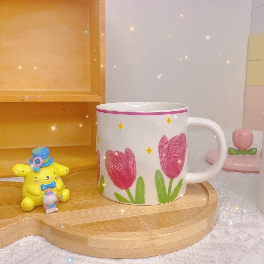 Ly Sứ Cà Phê Văn Phòng Hình Bông Hoa Tulip - Cốc Uống Nước Gốm Sứ Có Muỗng Nắp Xinh Xắn