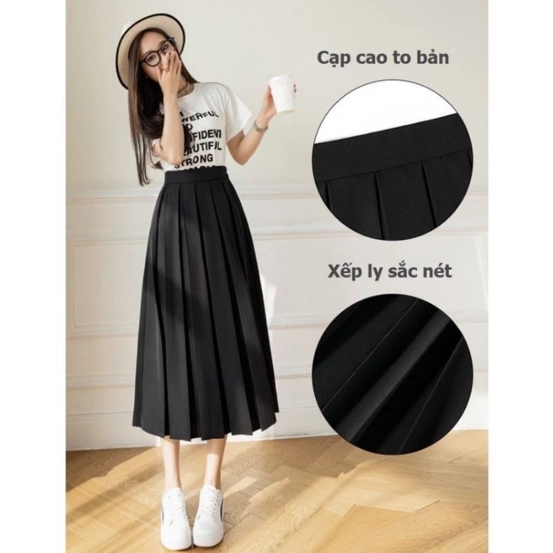 Chân váy xếp ly midi nữ dáng dài cạp cao có khóa