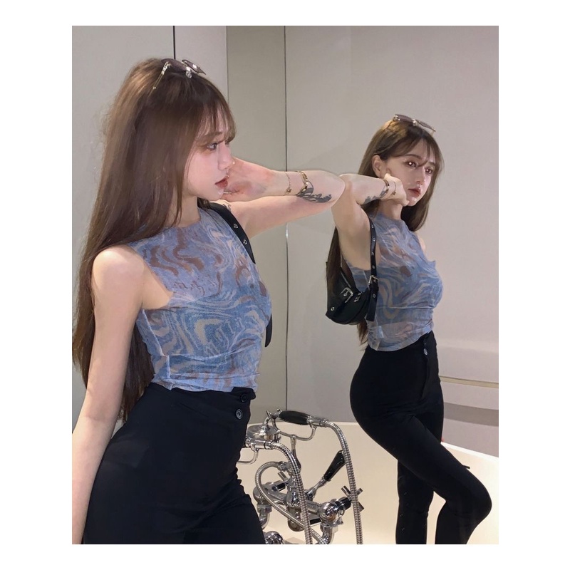 Milyfashion Skinny Mỏng Hơn Nhìn Xuyên Qua Lưới Mỏng Bên Trong Mặc Bên Ngoài Chặt Không Tay Sling