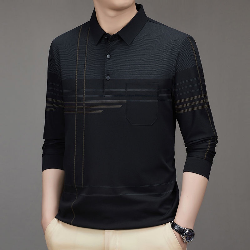 Áo Thun POLO Cotton Tay Dài Dáng Rộng Phối Túi Thời Trang Xuân Thu Cho Nam Trung Niên