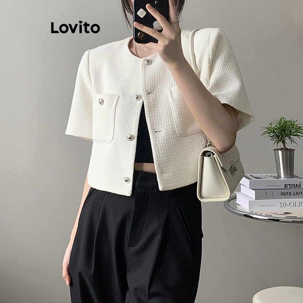 Áo khoác Lovito cài nút phối túi màu trơn thường ngày cho nữ L61AD005 Màu trắng
