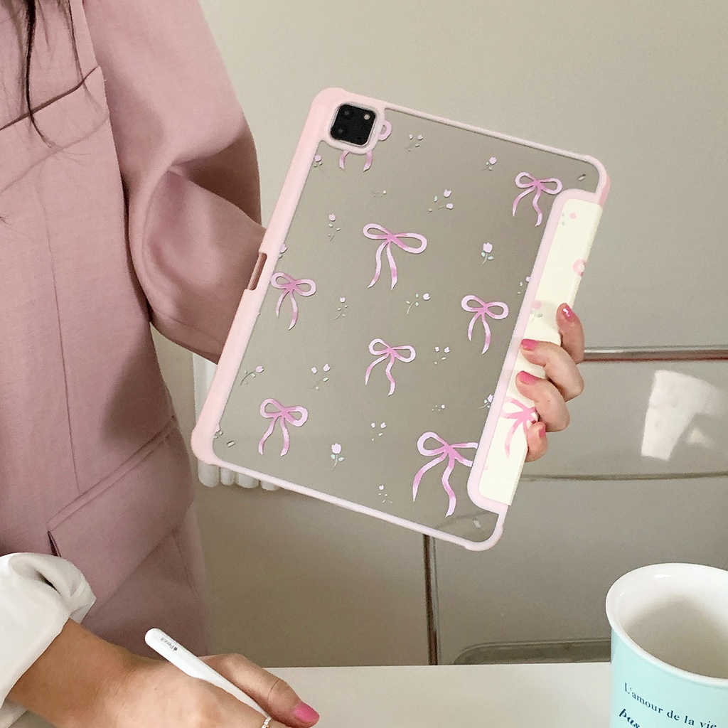 Vỏ Gương Acrylic Cứng Tương Thích Với IPad Mini6 IPad5 6 7 8 9 Air11 Air13 Air2 Air3 Air4 Air5 10.9 "Pro10.5 Pro11 Pro13 2024 Pro12.9 2018Bow And Flowers Pattern Leather Cover