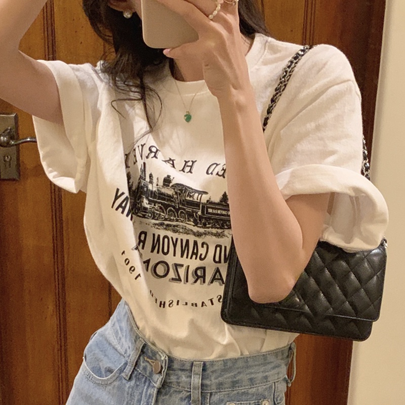 Áo Thun Cotton Tay Ngắn Cổ Tròn Dáng Rộng In Họa Tiết Đơn Giản Phong Cách Hàn Quốc Thời Trang Cho Nữ