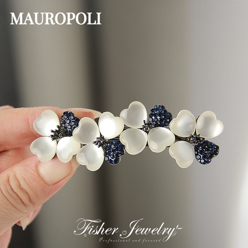 Mauropoli Kẹp tóc nửa dây buộc phong cách Hàn Quốc, lò xo giả mắt mèo màu đen, thiết kế cỏ bốn lá, thanh lịch