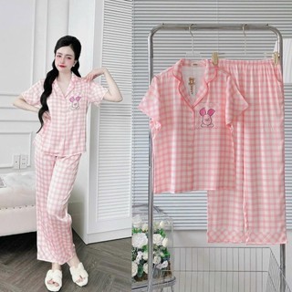 Đồ Bộ Pijama, TAY NGẮN CARO, Túi Áo In 3D Hoạt Hình. Quần Dài Có Túi. Vải Lụa Latin Cao Cấp.