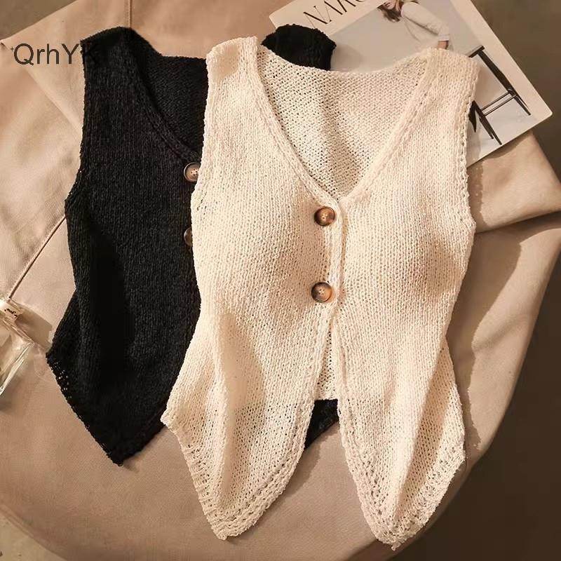 Nhà Máy Thời Trang Mùa Hè Nữ Thời Trang Màu Trơn Sang Trọng Nút Cổ Chữ V Không Tay Dệt Kim Camisole QrhYK