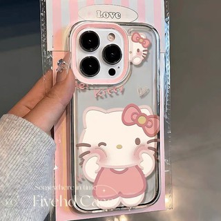 Ins Hàn Quốc Vỏ cặp đôi trong suốt hình mèo Kitty màu hồng dễ thương + Giá đỡ Tương thích cho iPhone 11 15 14 13 12 Pro Xs Max XR X 7 8 6 6s Plus SE Vỏ bảo vệ điện thoại hoạt hình TPU mềm