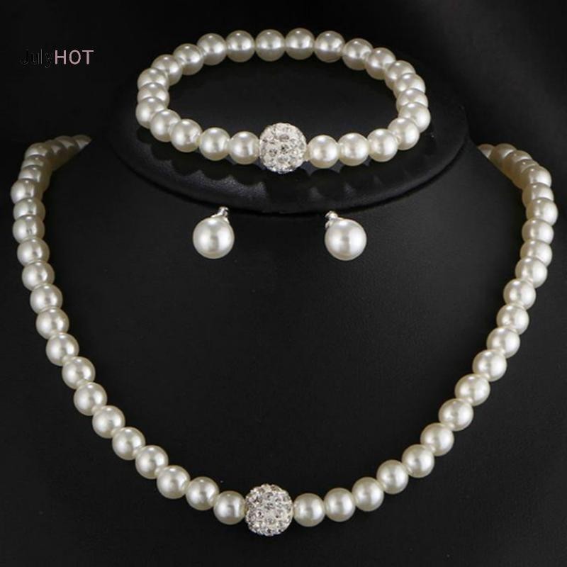 Julyhot 3in1 Bộ Nữ Cô Dâu Cưới Bộ Kim Cương Giả Ngọc Trai Vòng Cổ Vòng Tay Bông Tai Dự Tiệc Trang Sức Quà Tặng Massivedeals