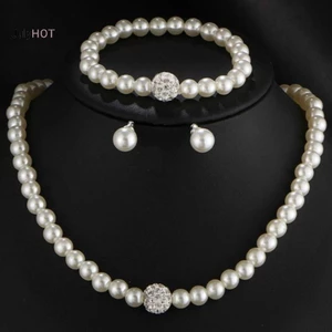 Julyhot 3in1 Bộ Nữ Cô Dâu Cưới Bộ Kim Cương Giả Ngọc Trai Vòng Cổ Vòng Tay Bông Tai Dự Tiệc Trang Sức Quà Tặng Massivedeals