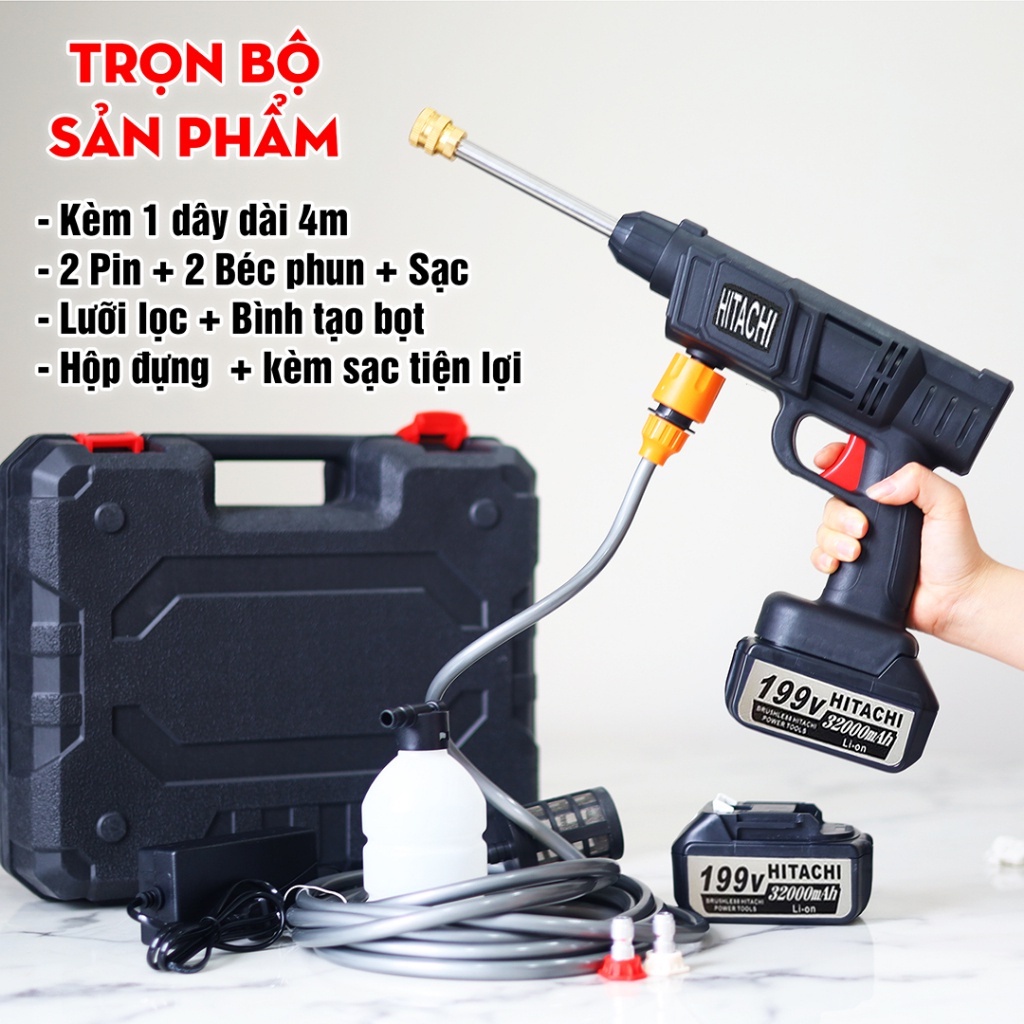Máy Rửa Xe 2 Pin - Cầm Tay Không Dây Áp Lực Cao Cho Mọi Loại Xe 2 Pin 199V 25000mAH Công Suất 600w
