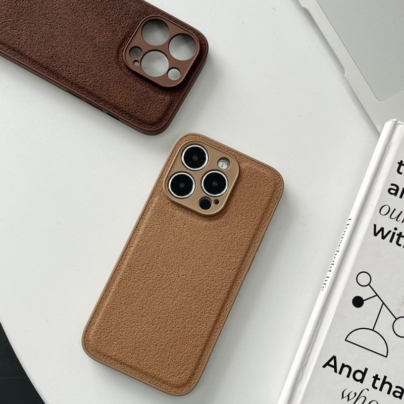 Đơn Giản Màu Nâu Đậm Kaki Da Lunar Pit Họa Tiết Camera Phim Bảo Vệ Ốp Lưng Điện Thoại Cho iPhone 15 Pro Max 14 13 12 11 Pro Max Bảo Vệ Toàn Diện Vỏ Mềm Chống Sốc