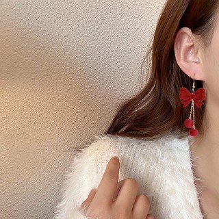 Bông Tai Dáng Dài Đính Nơ Phối Tua Rua Phong Cách Pháp Cổ Điển Sang Trọng