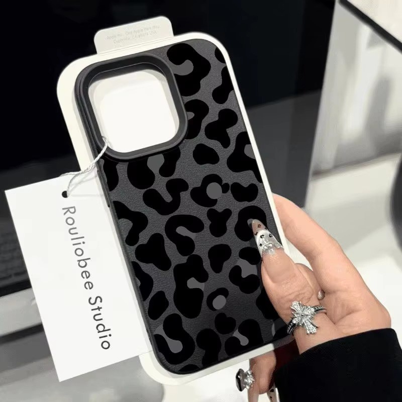 Ốp Điện Thoại Họa Tiết Lichee Họa Tiết Da Báo Đen Cho iPhone 16 15 14 13 12 11 Pro Max XR XS Max 15 16 Plus Vỏ Chống Sốc