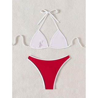 Đồ bơi nữ màu đỏ trắng nối dây màu hai mảnh Đồ bơi Bikini