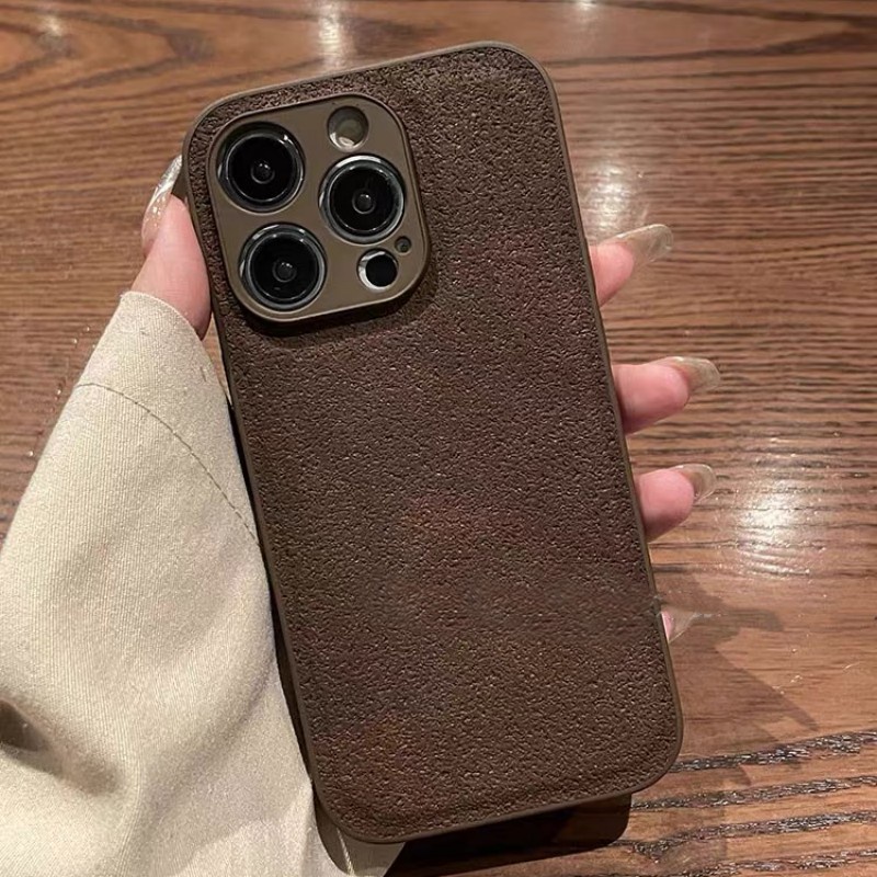 Đơn Giản Màu Nâu Đậm Kaki Da Lunar Pit Họa Tiết Camera Phim Bảo Vệ Ốp Lưng Điện Thoại Cho iPhone 15 Pro Max 14 13 12 11 Pro Max Bảo Vệ Toàn Diện Vỏ Mềm Chống Sốc
