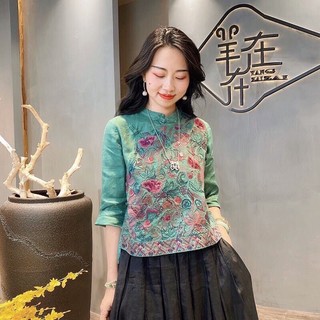 Giao hàng nhanh   Vải Lanh Cotton Công Nghiệp Nặng Thêu Phong Cách Trung Hoa Hàng Đầu Nữ Rời Cổ Quần Áo Đứng Lên Cổ Khóa Văn Học Retro Ba-Qu 111