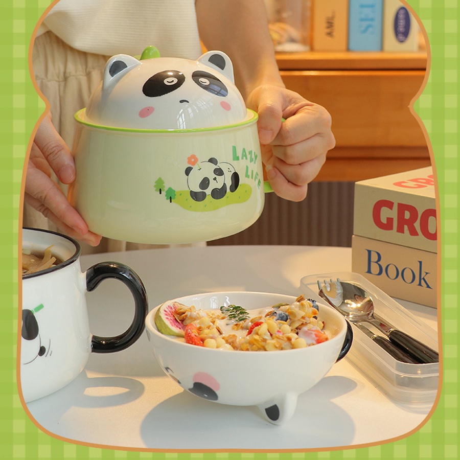 Tô Sứ Panda 3D Hình Gấu Trúc Ăn Mì Dung Tích Lớn 1020ml - Bát Úp Mì Có Nắp Decor Dễ Thương Siêu Cute