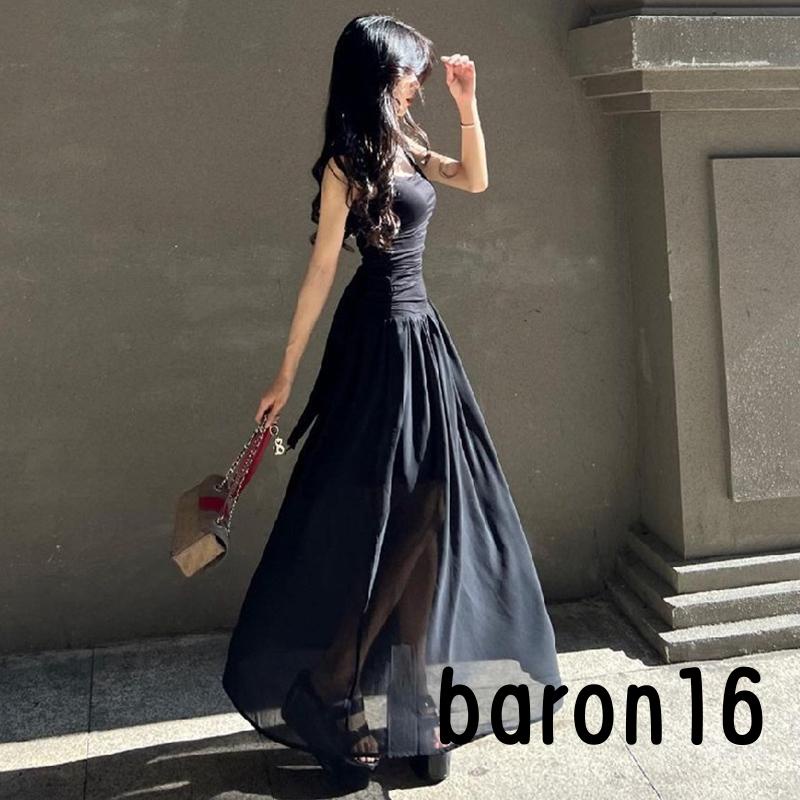 Đầm Cami Dài Nữ Cổ Vuông Màu Đen Sụn Eo Chảy Viền Lưới Váy Kỳ Nghỉ Hàng Ngày