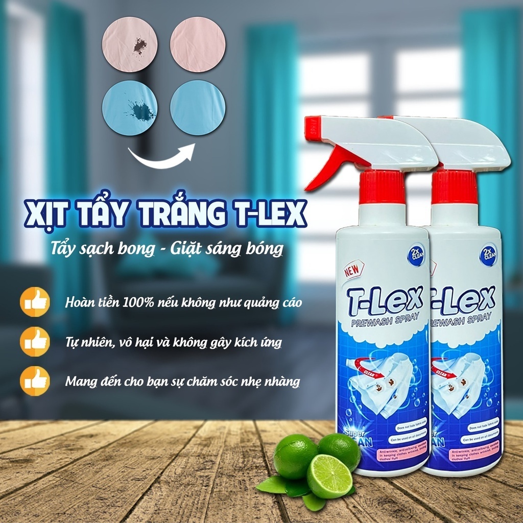 Tẩy Trắng Quần Áo T-LEX 500ml, Tẩy Mốc, Ố Vàng, Không Phai Màu - Dùng Cả Vải Trắng,