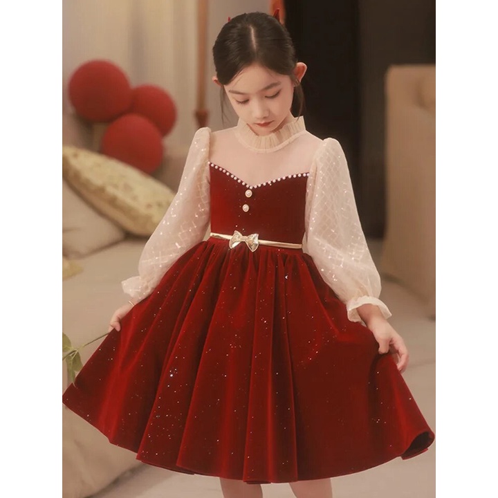 váy công chúa bé gái , đầm noel đỏ nhung kim tuyến từ 8-47kg ( mã 016 )