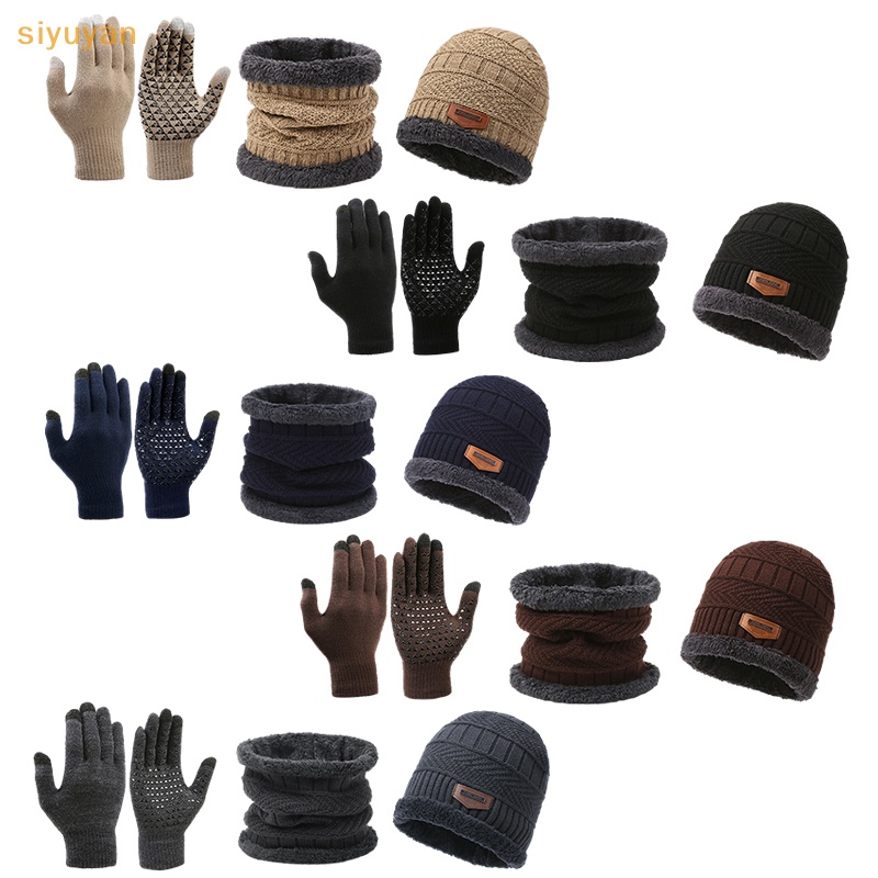 Set 3 Món Nón Len + Găng Tay + Khăn Choàng Cổ + Găng Tay + Găng Tay Giữ Ấm Mùa Đông Dày Dặn Chống Gió Cho Nam Khi Chạy Bộ / Đạp Xe Thể Thao vn