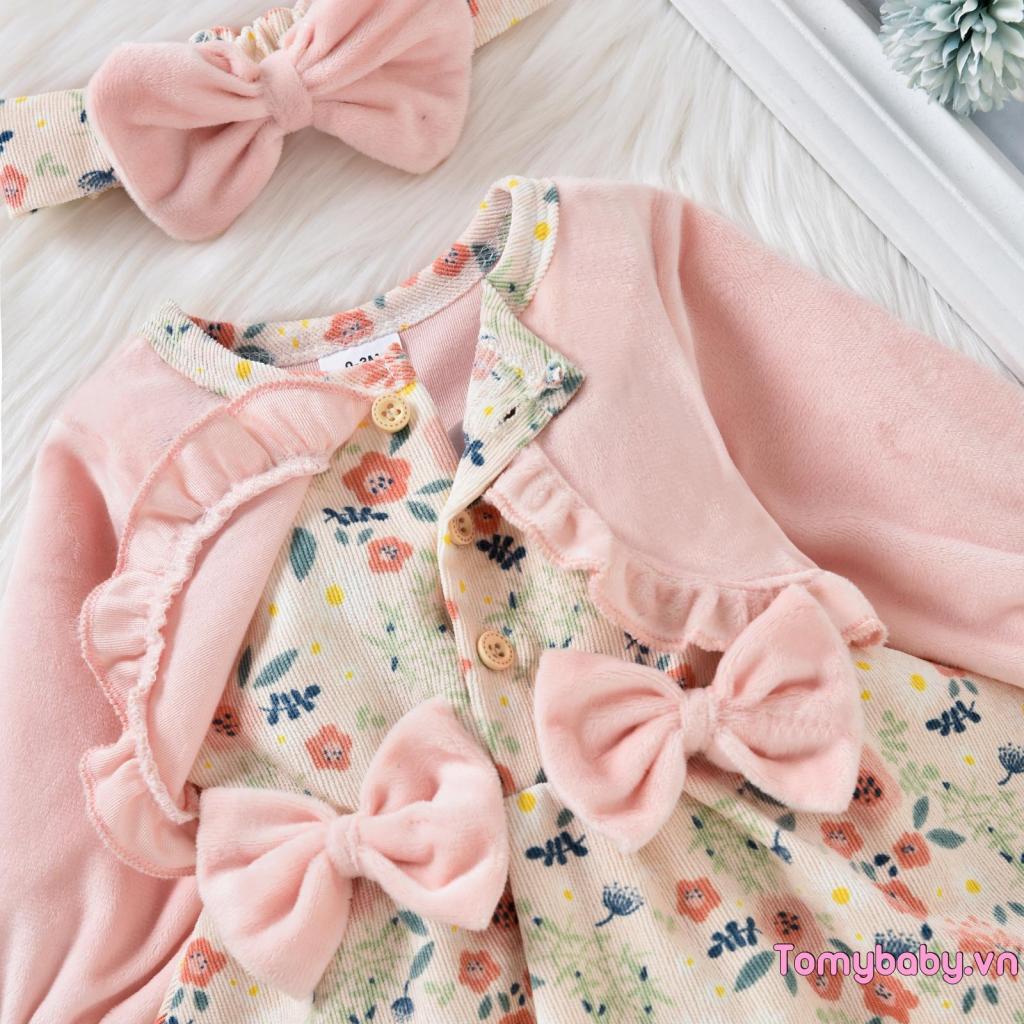 Bé Gái Áo Liền Quần Thường Ngày Trang Phục Dài Tay In Hoa Chắp Vá Đầm Jumpsuit + Nơ Trang Trí Băng Đô Bộ
