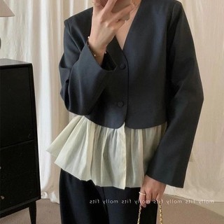 Áo Khoác Giả Hai Mảnh Dáng Rộng Cổ Chữ V Màu Sắc Tương Phản Phong Cách Pháp Thời Trang Xuân Thu Cao Cấp