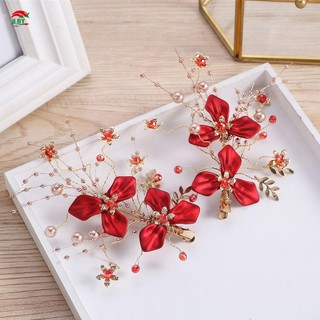 Kẹp bên cổ điển với trang trí hoa đỏ Ngọc trai Thiết lập trang sức dệt tóc