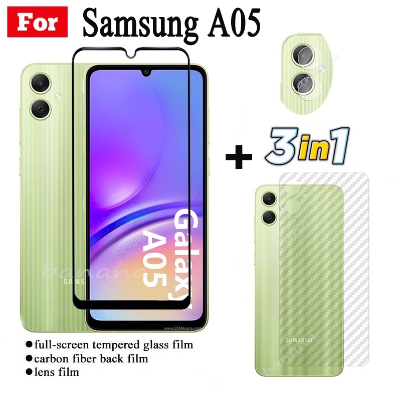 3 trong 1 Samsung Galaxy A05 Bảo Vệ Màn Hình Cho Samsung A 05 A0 5 A05S A04 A04E A04S A14 A54 A34 Full Cover Kính Cường Lực Mặt Trước Mặt Sau Bảo Vệ Ống Kính