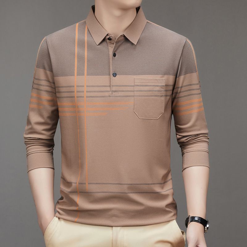 Áo Thun POLO Cotton Tay Dài Dáng Rộng Phối Túi Thời Trang Xuân Thu Cho Nam Trung Niên