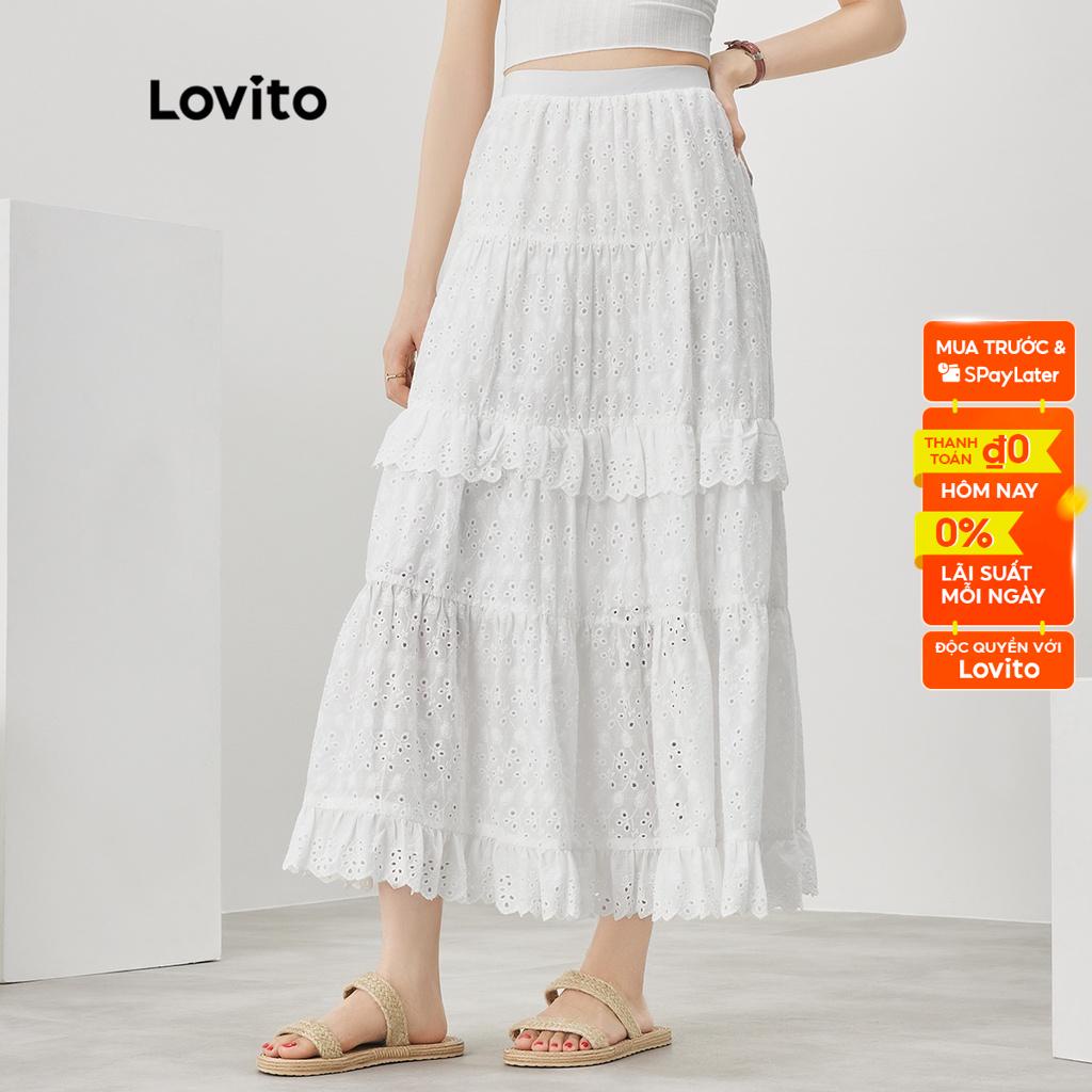 Chân váy Lovito dáng chữ A màu trơn viền xếp nếp viền nhún bèo phong cách Boho dành cho nữ L52AD142 trắng spe