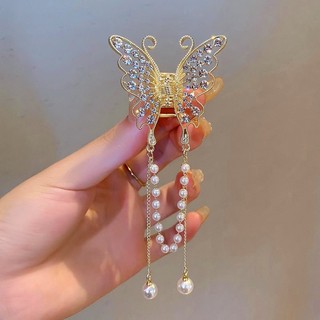 Kẹp Tóc Hình Bướm Đính Ngọc Trai Giả Bằng Kim Loại Phối Tua Rua Lưng Thanh Lịch